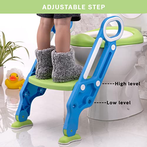 PRIMEX PRO Toddler Toilet Ladder Seat - Adjustable Potty-Training Seat, Soft Cushion Seat and Anti-Slip Steps Design - Easy to Install Portable Children Potty Training Chair (Green-blue)