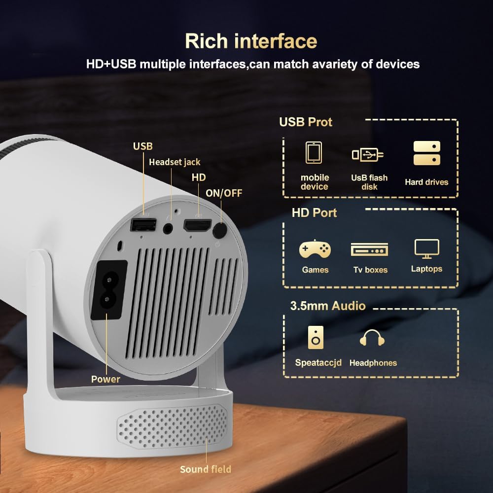 Projector, Portable Mini Projector with WiFi 6 and Bluetooth 5.0, Smart Projector 4K 1080P Support, 280 ANSI Lumens, Auto Keystone Video Projector for Bedroom Home Outdoors (White)