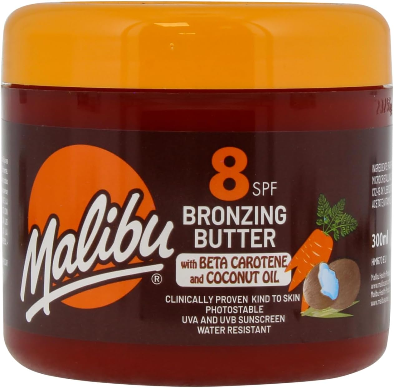 Malibu Tanning Butter SPF 8, Bronzing Body Butter with Beta Carotene & Coconut Oil, 300ml, Fast Tan, Water Resistant, UK Summer Sun Care Essentials