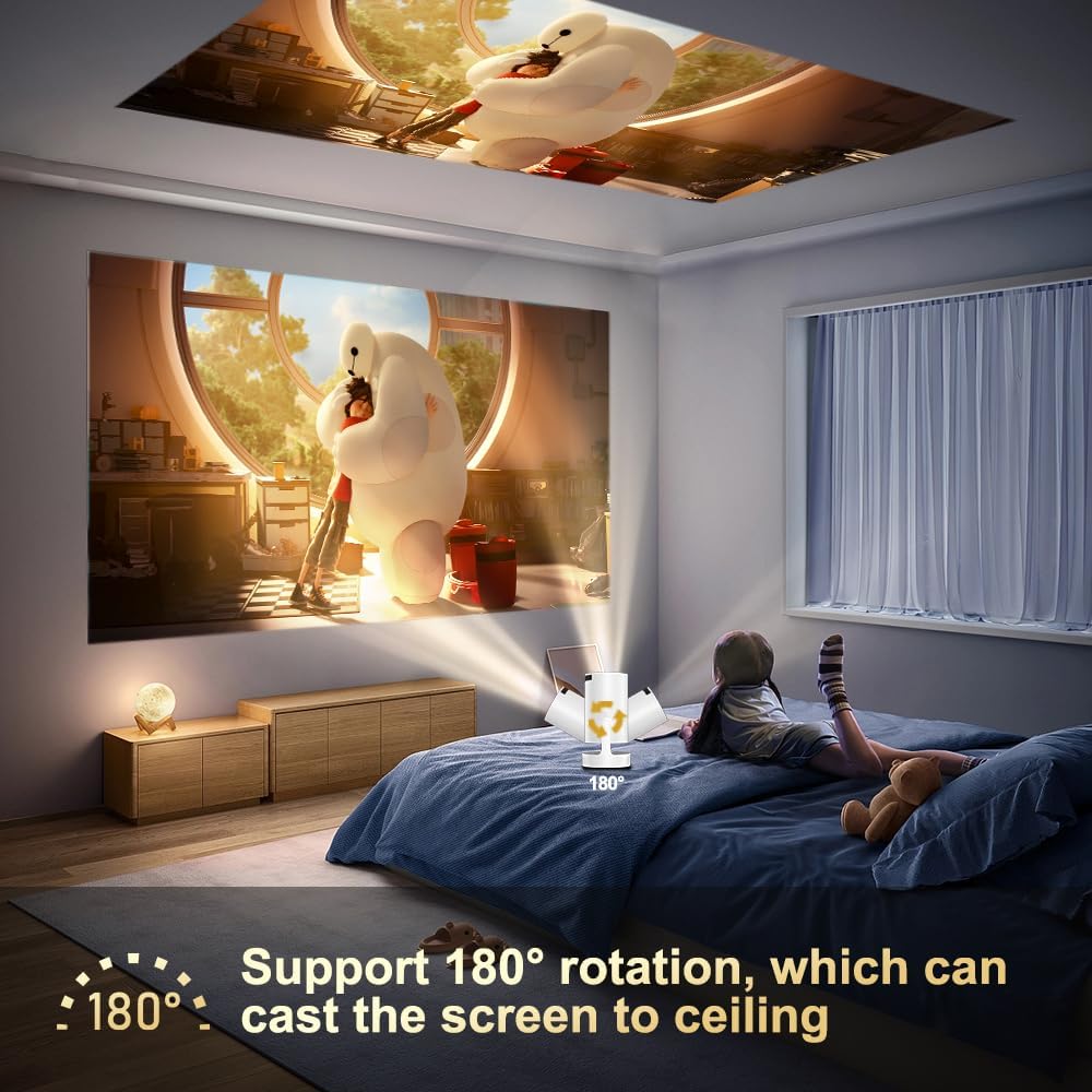 Projector, Portable Mini Projector with WiFi 6 and Bluetooth 5.0, Smart Projector 4K 1080P Support, 280 ANSI Lumens, Auto Keystone Video Projector for Bedroom Home Outdoors (White)