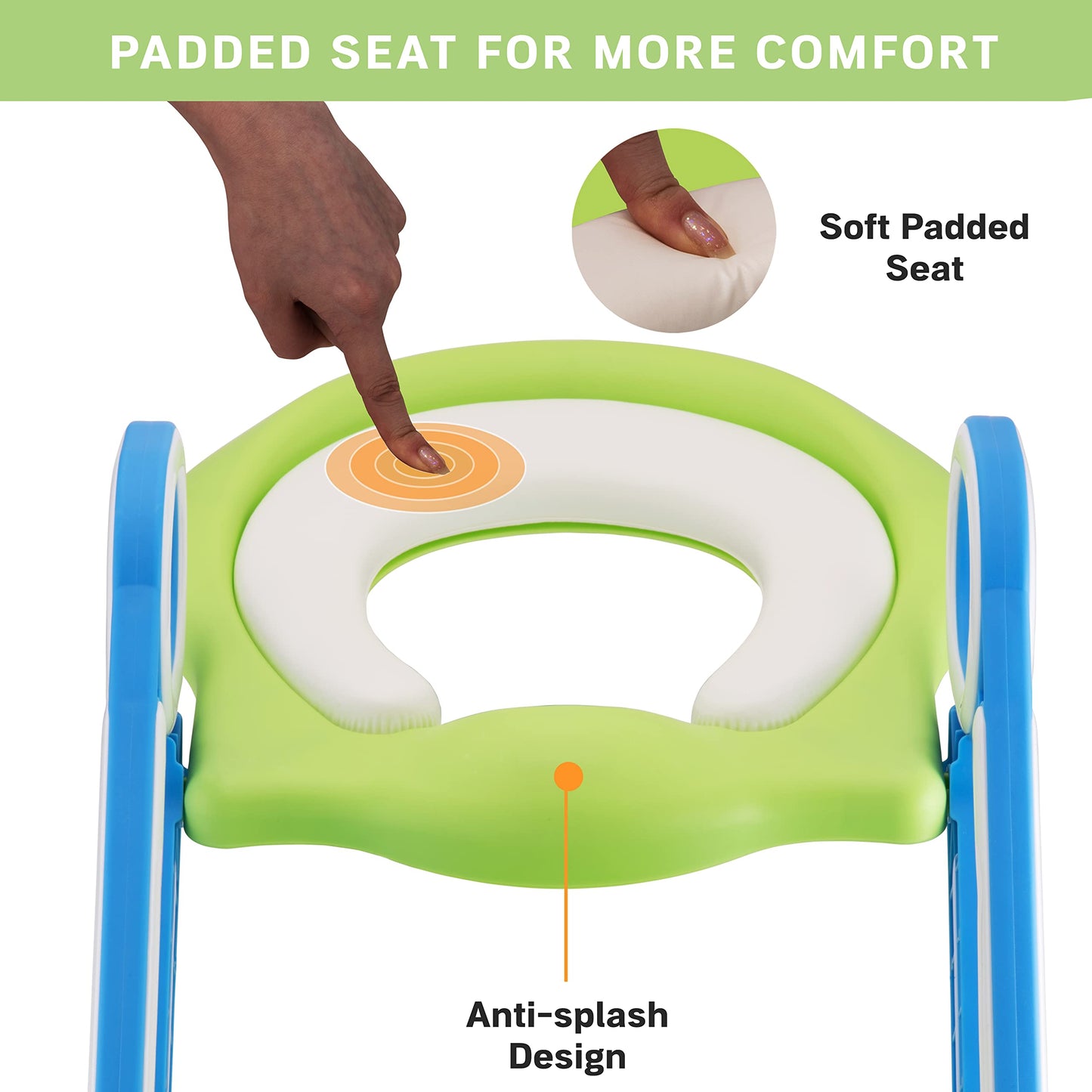 PRIMEX PRO Toddler Toilet Ladder Seat - Adjustable Potty-Training Seat, Soft Cushion Seat and Anti-Slip Steps Design - Easy to Install Portable Children Potty Training Chair (Green-blue)