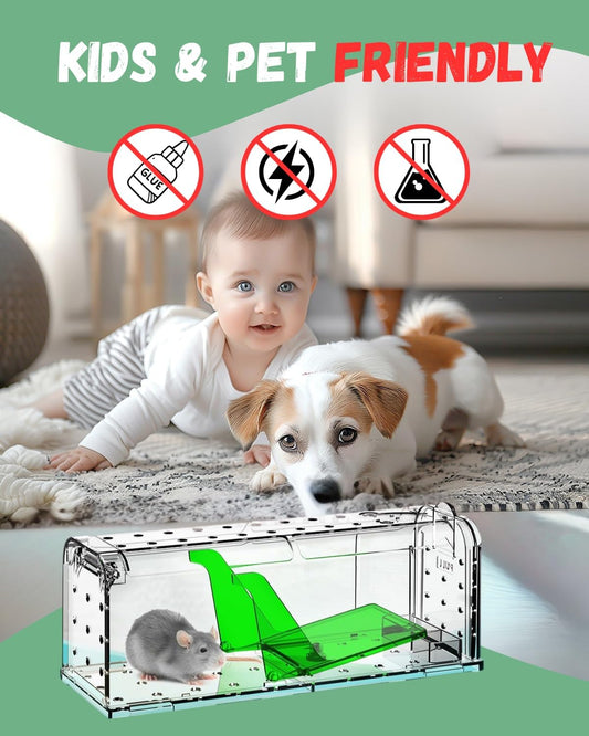 Humane Mouse Traps Indoor Outdoor: Mouse Traps for indoor, Pets and Children Friendly, No Touch Release Mousetrap, Washable, Reusable Rodent Mouse Trap No Kill (2, Green)