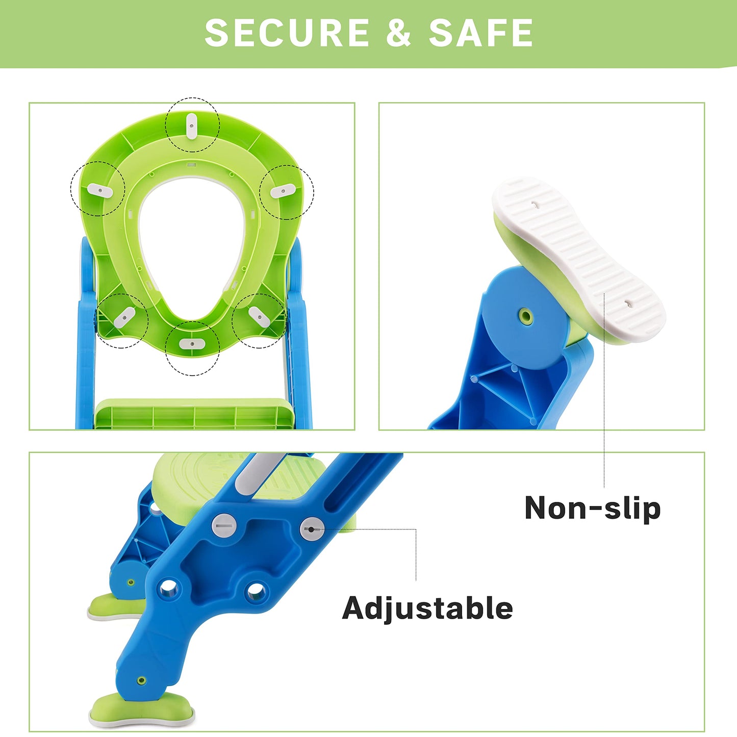 PRIMEX PRO Toddler Toilet Ladder Seat - Adjustable Potty-Training Seat, Soft Cushion Seat and Anti-Slip Steps Design - Easy to Install Portable Children Potty Training Chair (Green-blue)