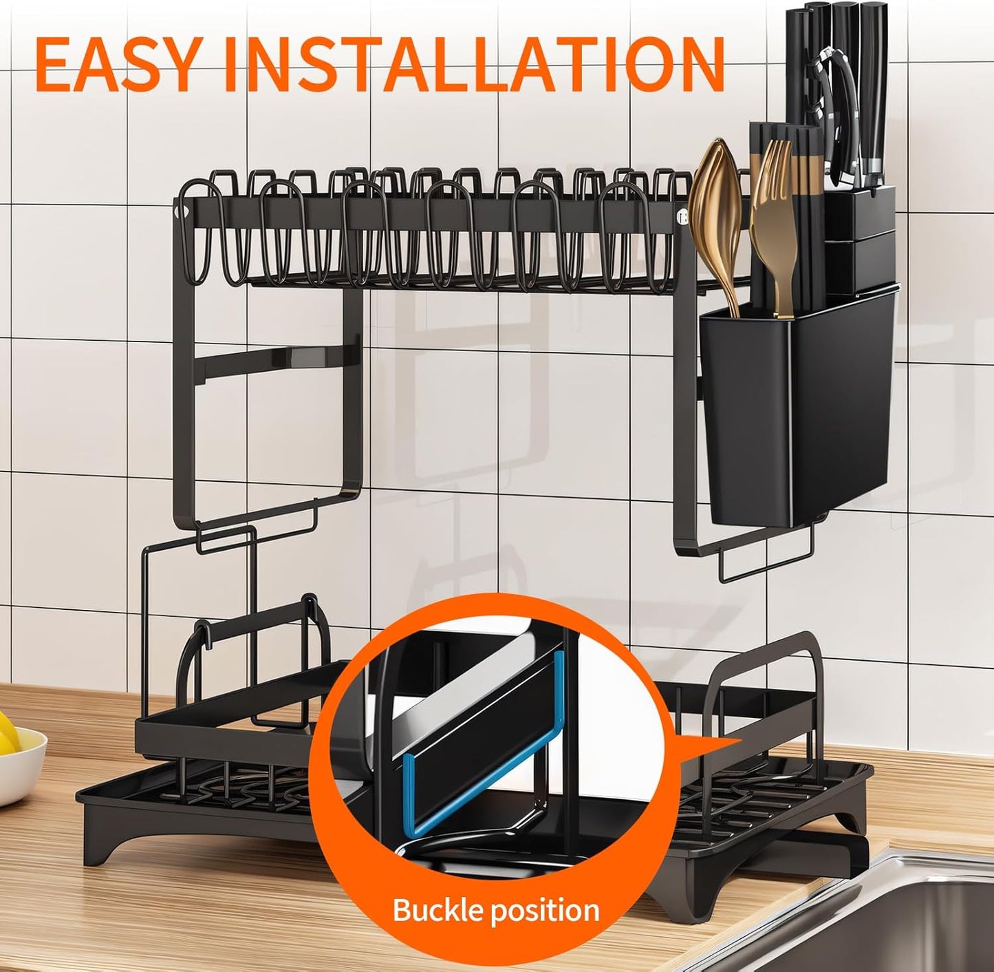 PRIMEX PRO 2 Tier Metal Dish Drainer Rack, Kitchen Sink Dish Rack with Cup Holder, Utensil Holder, Sink Drainer Rack for Kitchen Counter
