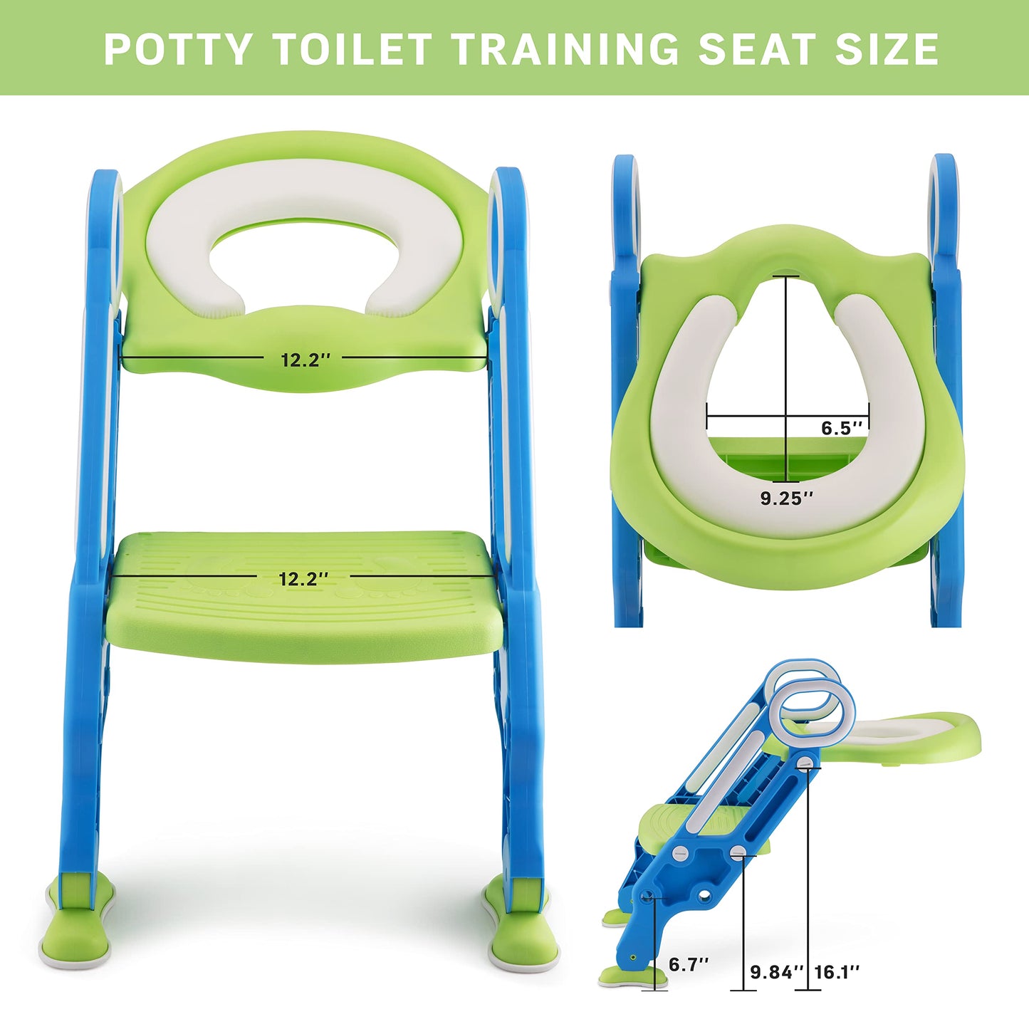 PRIMEX PRO Toddler Toilet Ladder Seat - Adjustable Potty-Training Seat, Soft Cushion Seat and Anti-Slip Steps Design - Easy to Install Portable Children Potty Training Chair (Green-blue)
