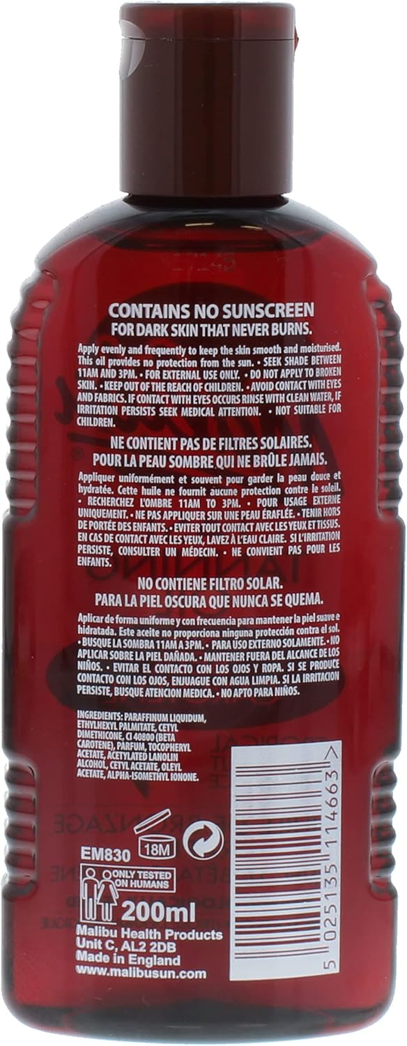 Malibu Tanning Oil 200ml – Fast Bronzing Beta Carotene Sun Tan Enhancer for All Skin Types, Water Resistant, Coconut Scent, UV Protection