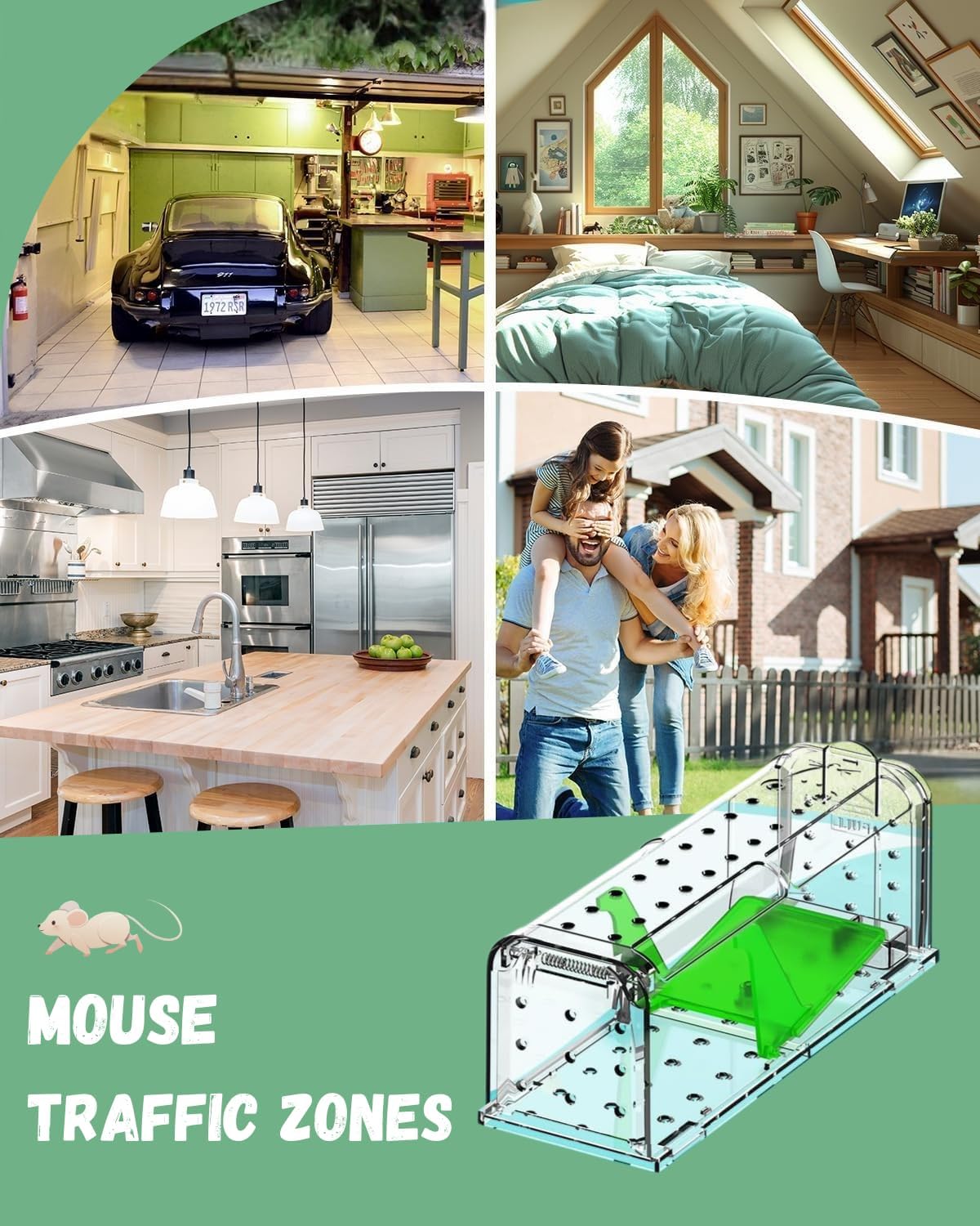 Humane Mouse Traps Indoor Outdoor: Mouse Traps for indoor, Pets and Children Friendly, No Touch Release Mousetrap, Washable, Reusable Rodent Mouse Trap No Kill (2, Green)