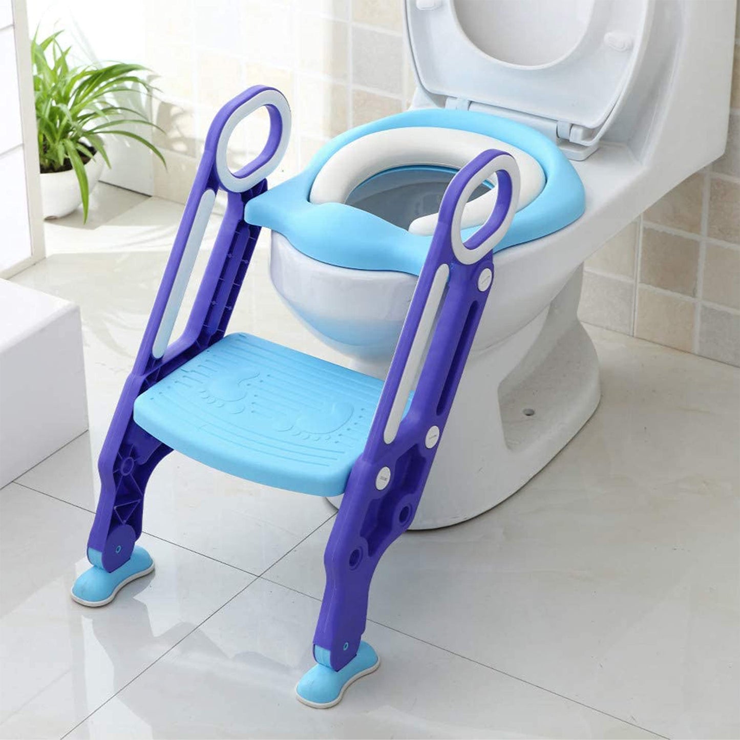 PRIMEX PRO Toddler Toilet Ladder Seat - Adjustable Potty-Training Seat, Soft Cushion Seat and Anti-Slip Steps Design - Easy to Install Portable Children Potty Training Chair (Green-blue)