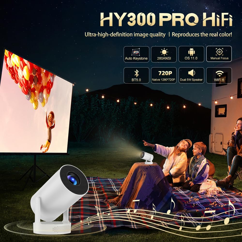 Projector, Portable Mini Projector with WiFi 6 and Bluetooth 5.0, Smart Projector 4K 1080P Support, 280 ANSI Lumens, Auto Keystone Video Projector for Bedroom Home Outdoors (White)