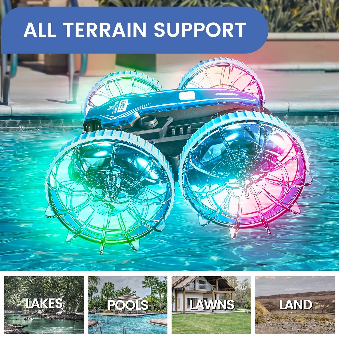 PRIMEX PRO Amphibious Remote Control Cars Boat, 4WD Gesture RC Car with Waterproof Remote Control, All Terrain RC Stunt Car with LED Lights, Pool Toys for Kids Ages 8-12, Kids Toys Gifts for Boys Girls