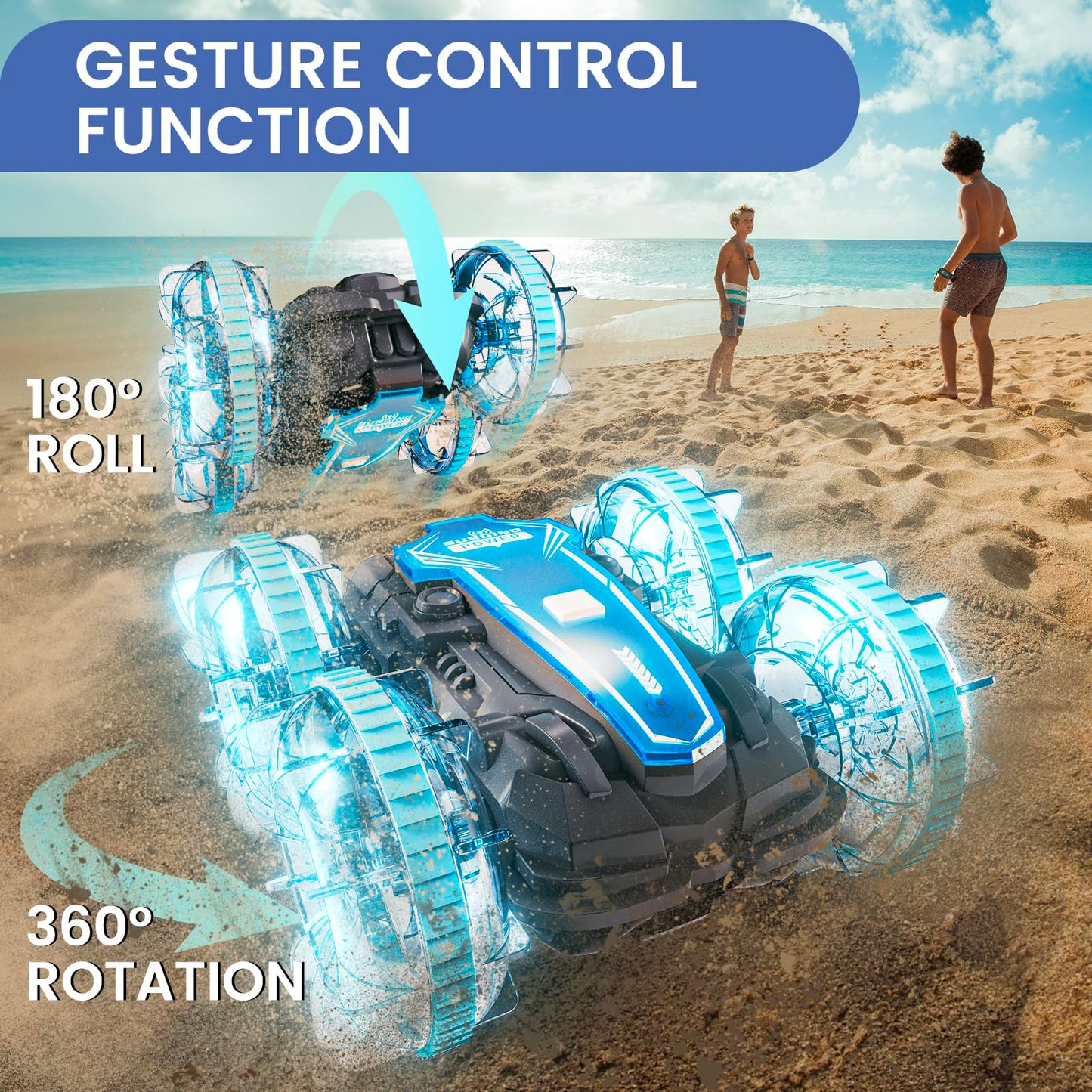 PRIMEX PRO Amphibious Remote Control Cars Boat, 4WD Gesture RC Car with Waterproof Remote Control, All Terrain RC Stunt Car with LED Lights, Pool Toys for Kids Ages 8-12, Kids Toys Gifts for Boys Girls