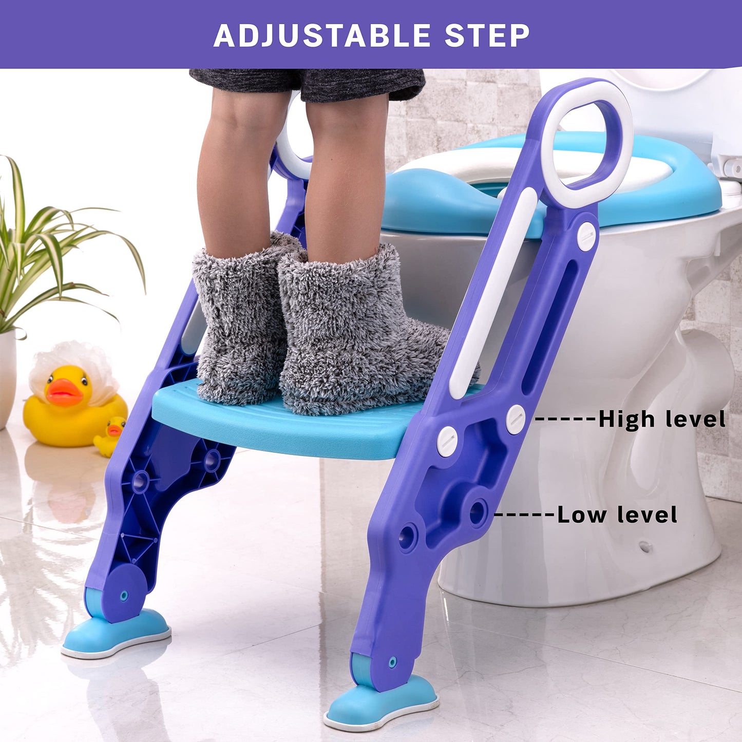 PRIMEX PRO Toddler Toilet Ladder Seat - Adjustable Potty-Training Seat, Soft Cushion Seat and Anti-Slip Steps Design - Easy to Install Portable Children Potty Training Chair (Green-blue)