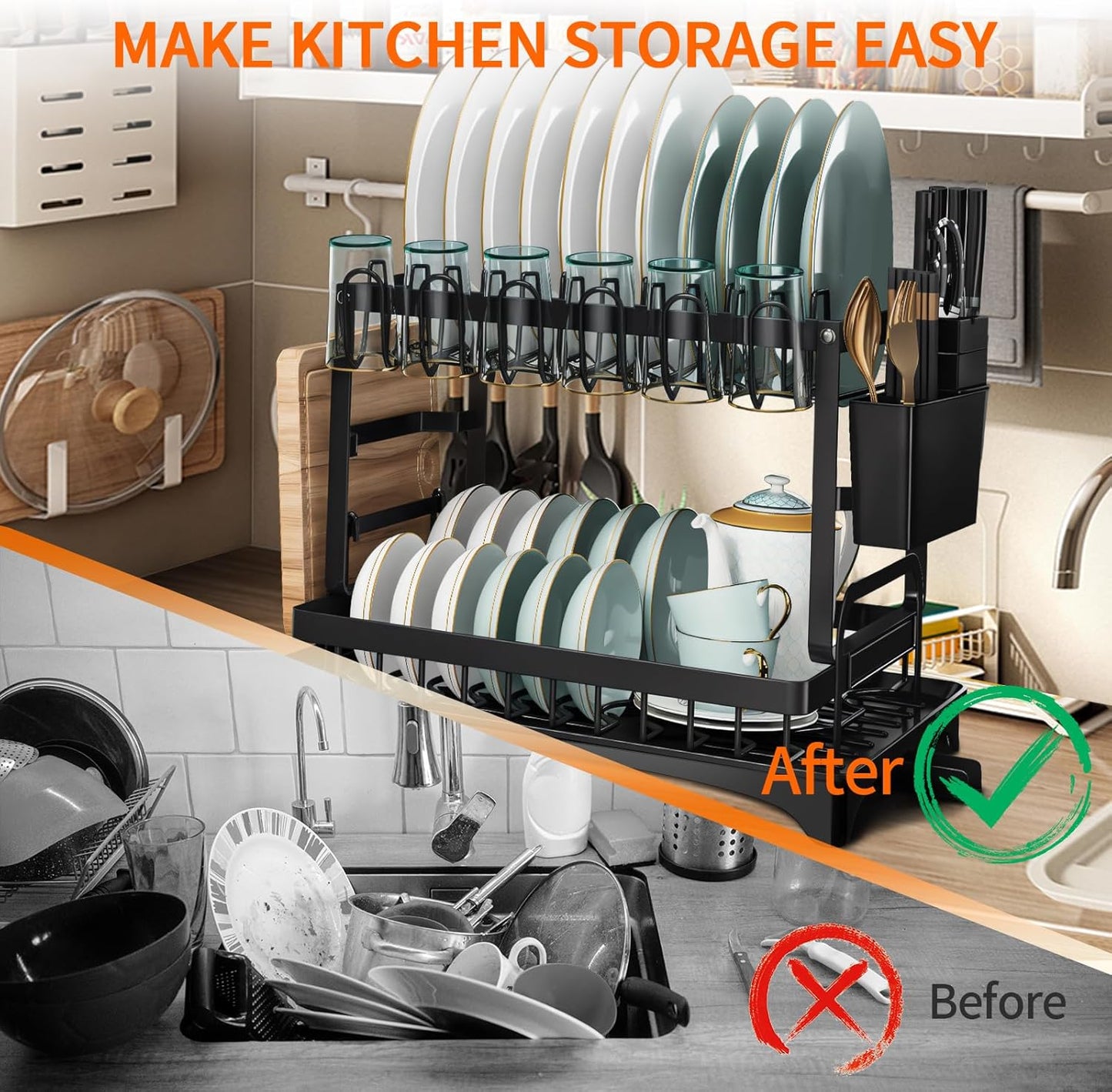 PRIMEX PRO 2 Tier Metal Dish Drainer Rack, Kitchen Sink Dish Rack with Cup Holder, Utensil Holder, Sink Drainer Rack for Kitchen Counter