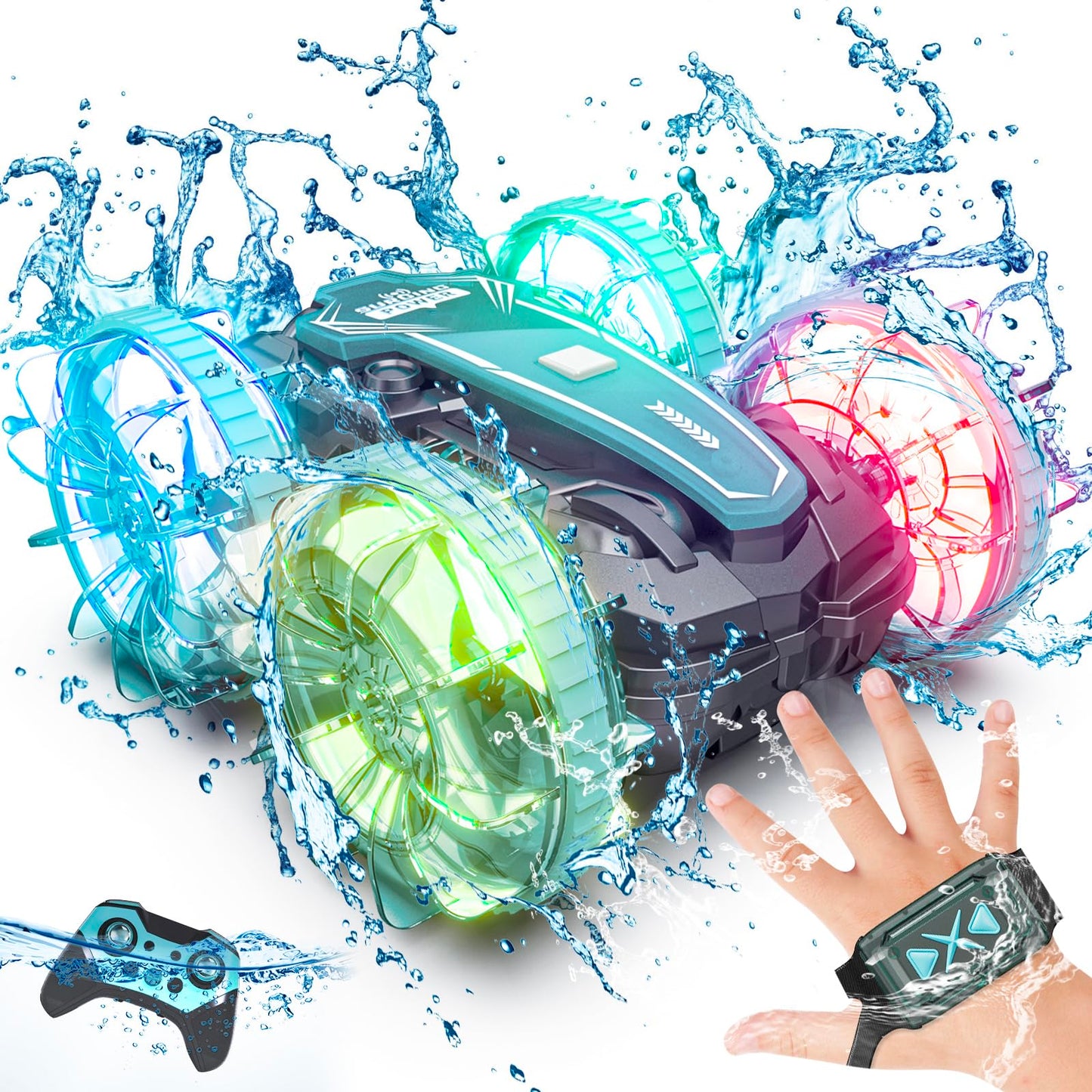 PRIMEX PRO Amphibious Remote Control Cars Boat, 4WD Gesture RC Car with Waterproof Remote Control, All Terrain RC Stunt Car with LED Lights, Pool Toys for Kids Ages 8-12, Kids Toys Gifts for Boys Girls