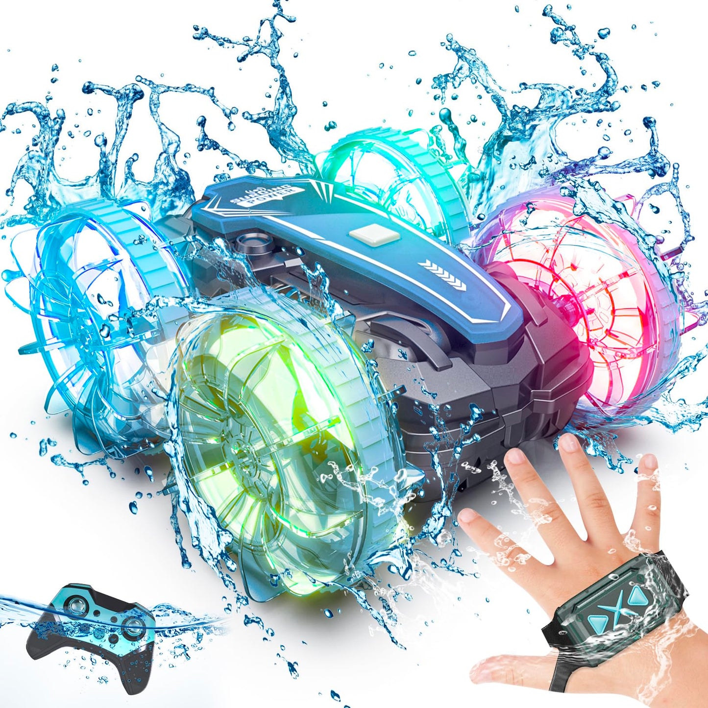 PRIMEX PRO Amphibious Remote Control Cars Boat, 4WD Gesture RC Car with Waterproof Remote Control, All Terrain RC Stunt Car with LED Lights, Pool Toys for Kids Ages 8-12, Kids Toys Gifts for Boys Girls