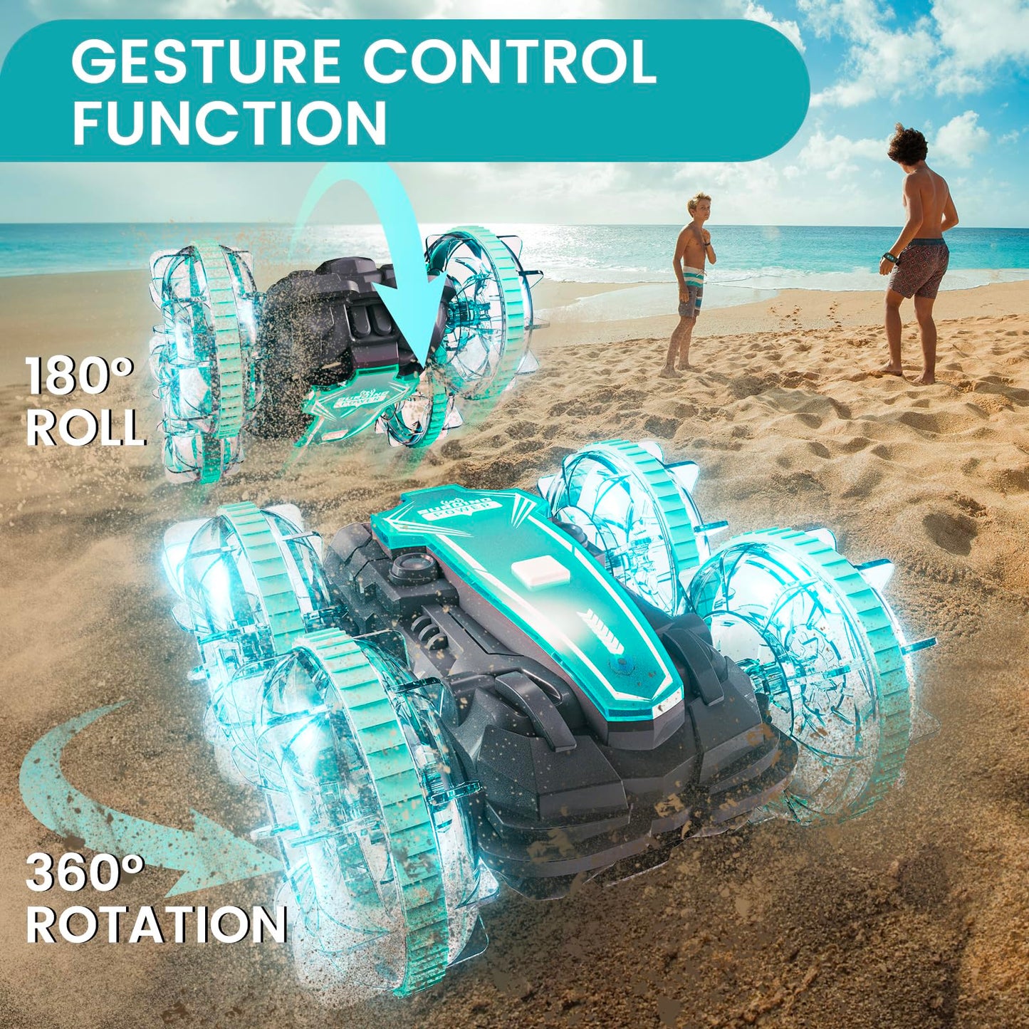 PRIMEX PRO Amphibious Remote Control Cars Boat, 4WD Gesture RC Car with Waterproof Remote Control, All Terrain RC Stunt Car with LED Lights, Pool Toys for Kids Ages 8-12, Kids Toys Gifts for Boys Girls