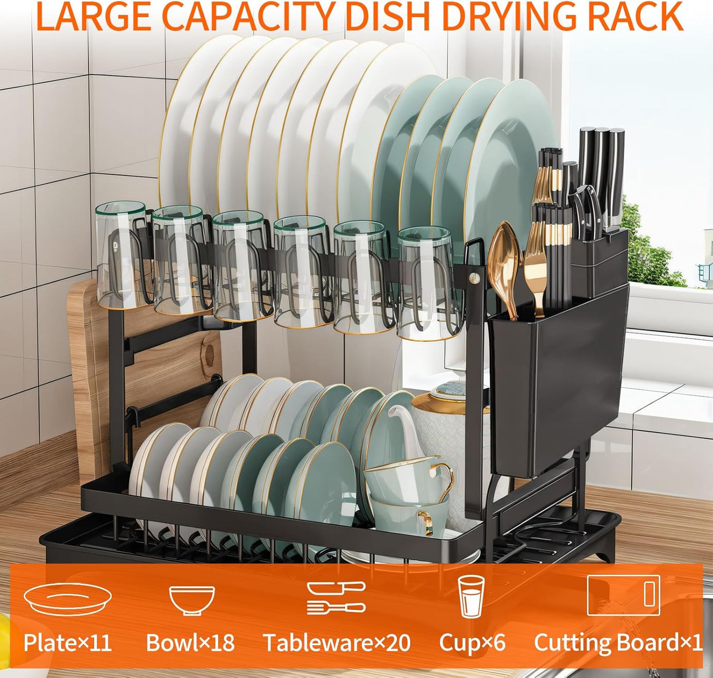 PRIMEX PRO 2 Tier Metal Dish Drainer Rack, Kitchen Sink Dish Rack with Cup Holder, Utensil Holder, Sink Drainer Rack for Kitchen Counter