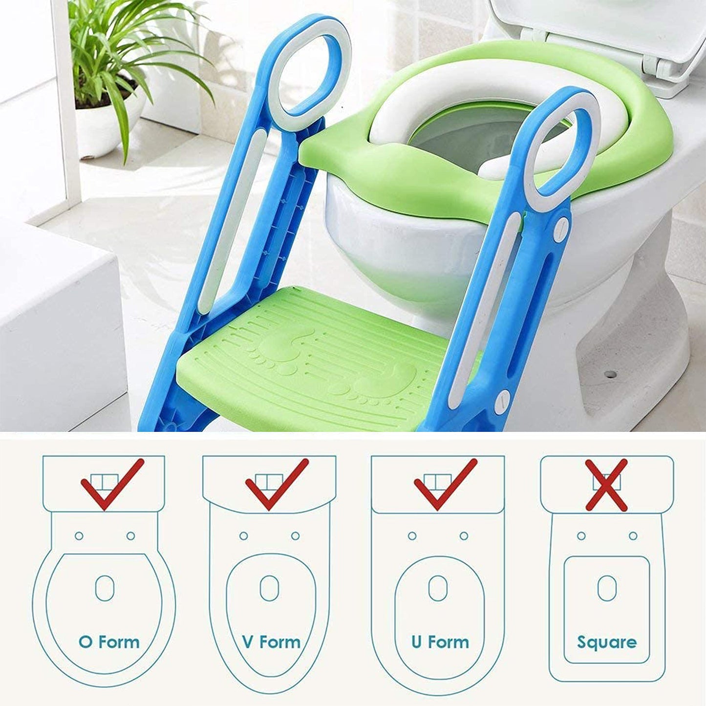 PRIMEX PRO Toddler Toilet Ladder Seat - Adjustable Potty-Training Seat, Soft Cushion Seat and Anti-Slip Steps Design - Easy to Install Portable Children Potty Training Chair (Green-blue)