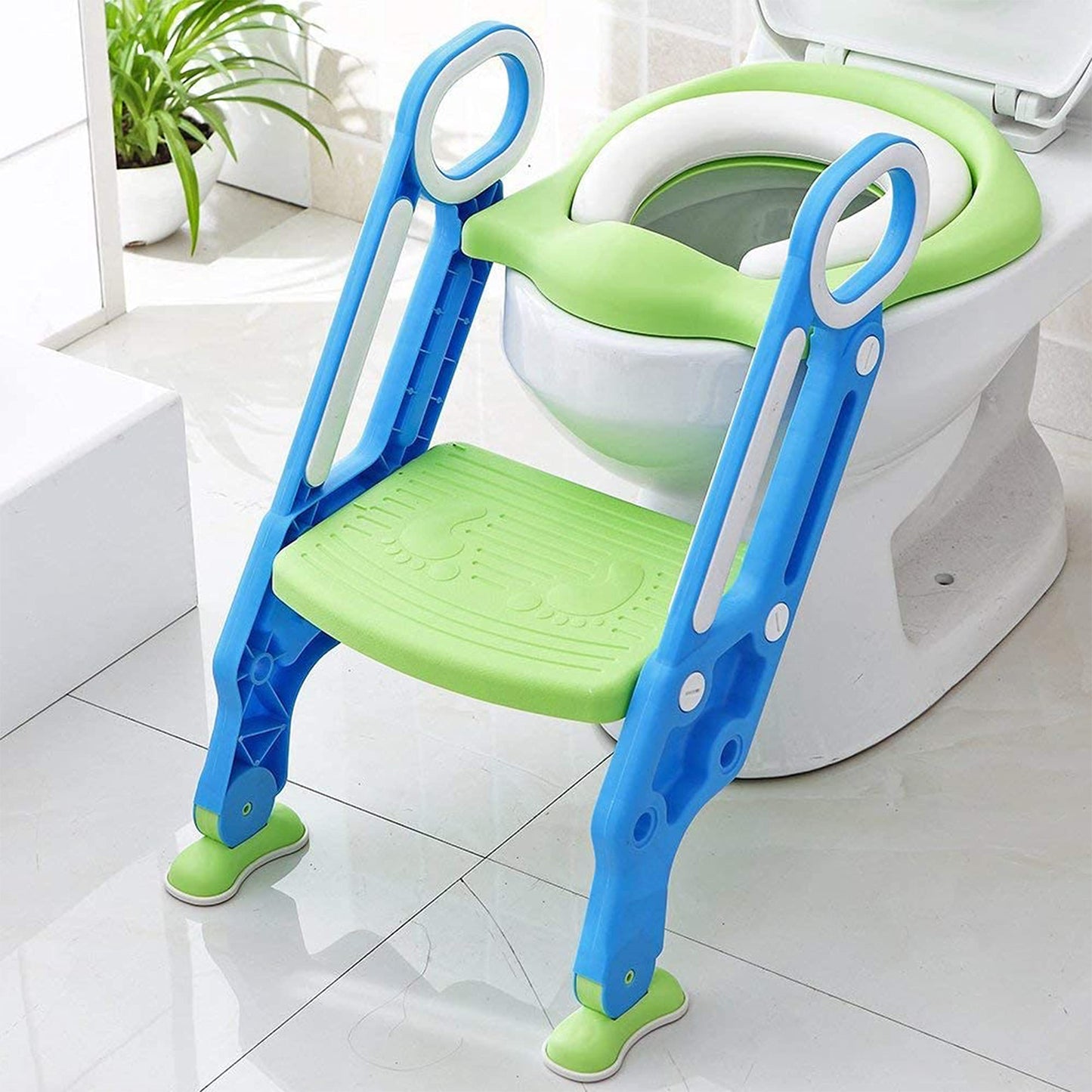 PRIMEX PRO Toddler Toilet Ladder Seat - Adjustable Potty-Training Seat, Soft Cushion Seat and Anti-Slip Steps Design - Easy to Install Portable Children Potty Training Chair (Green-blue)