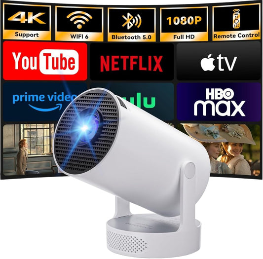 Projector, Portable Mini Projector with WiFi 6 and Bluetooth 5.0, Smart Projector 4K 1080P Support, 280 ANSI Lumens, Auto Keystone Video Projector for Bedroom Home Outdoors (White)
