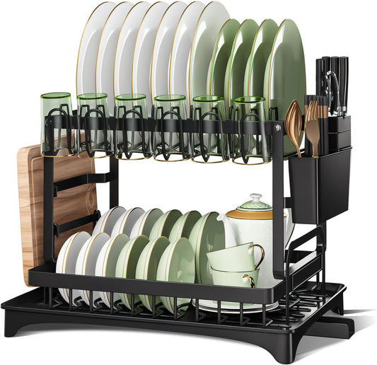 PRIMEX PRO 2 Tier Metal Dish Drainer Rack, Kitchen Sink Dish Rack with Cup Holder, Utensil Holder, Sink Drainer Rack for Kitchen Counter