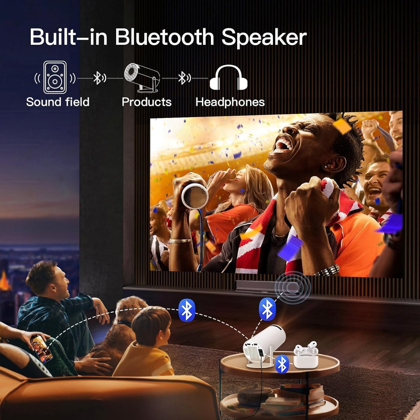 [Built-in Apps] Mini Projector with WIFI 6 and Bluetooth, 4K 1080P Support Portable Projector 180° Rotatable 130'' Screen Movie Projector Auto Keystone Compatible for Laptop, PC, Smartphone