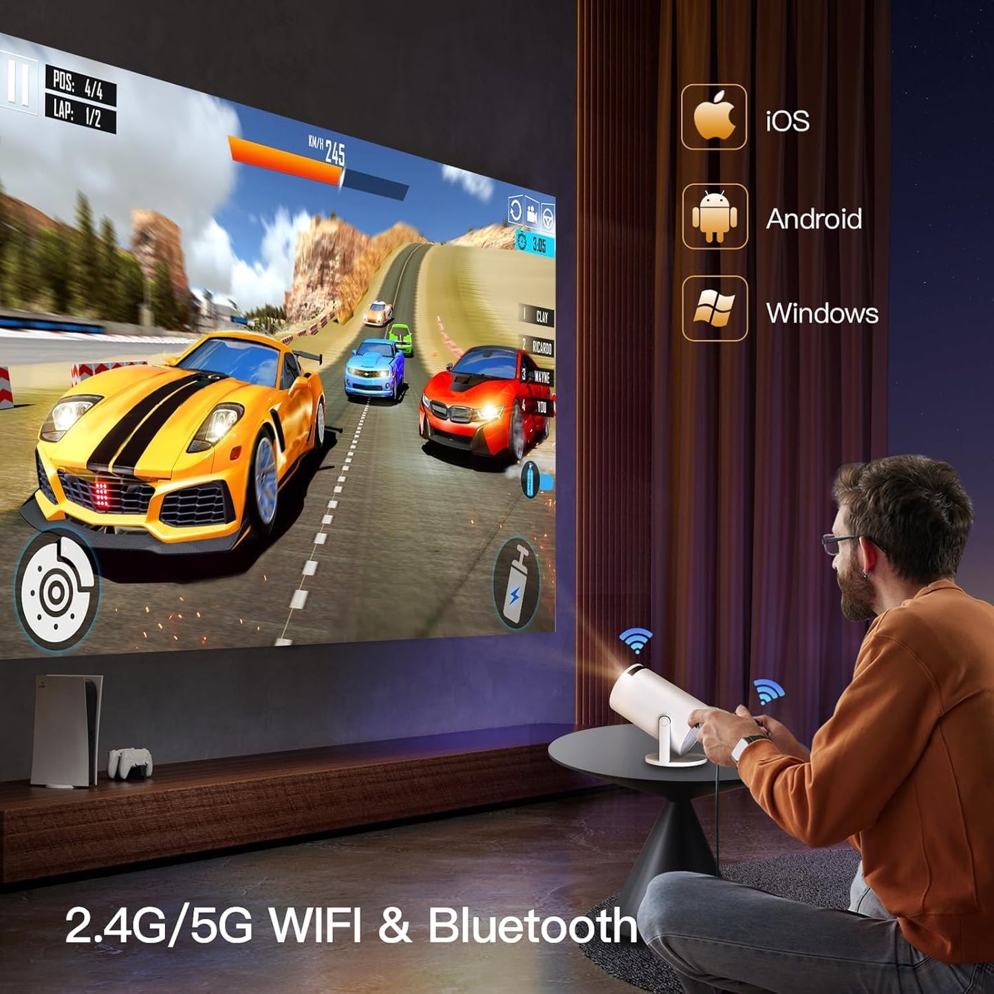 [Built-in Apps] Mini Projector with WIFI 6 and Bluetooth, 4K 1080P Support Portable Projector 180° Rotatable 130'' Screen Movie Projector Auto Keystone Compatible for Laptop, PC, Smartphone