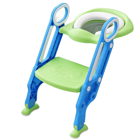 PRIMEX PRO Toddler Toilet Ladder Seat - Adjustable Potty-Training Seat, Soft Cushion Seat and Anti-Slip Steps Design - Easy to Install Portable Children Potty Training Chair (Green-blue)