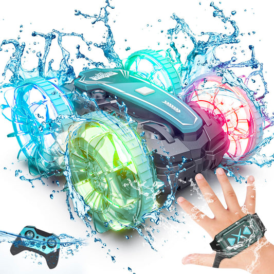 PRIMEX PRO Amphibious Remote Control Cars Boat, 4WD Gesture RC Car with Waterproof Remote Control, All Terrain RC Stunt Car with LED Lights, Pool Toys for Kids Ages 8-12, Kids Toys Gifts for Boys Girls